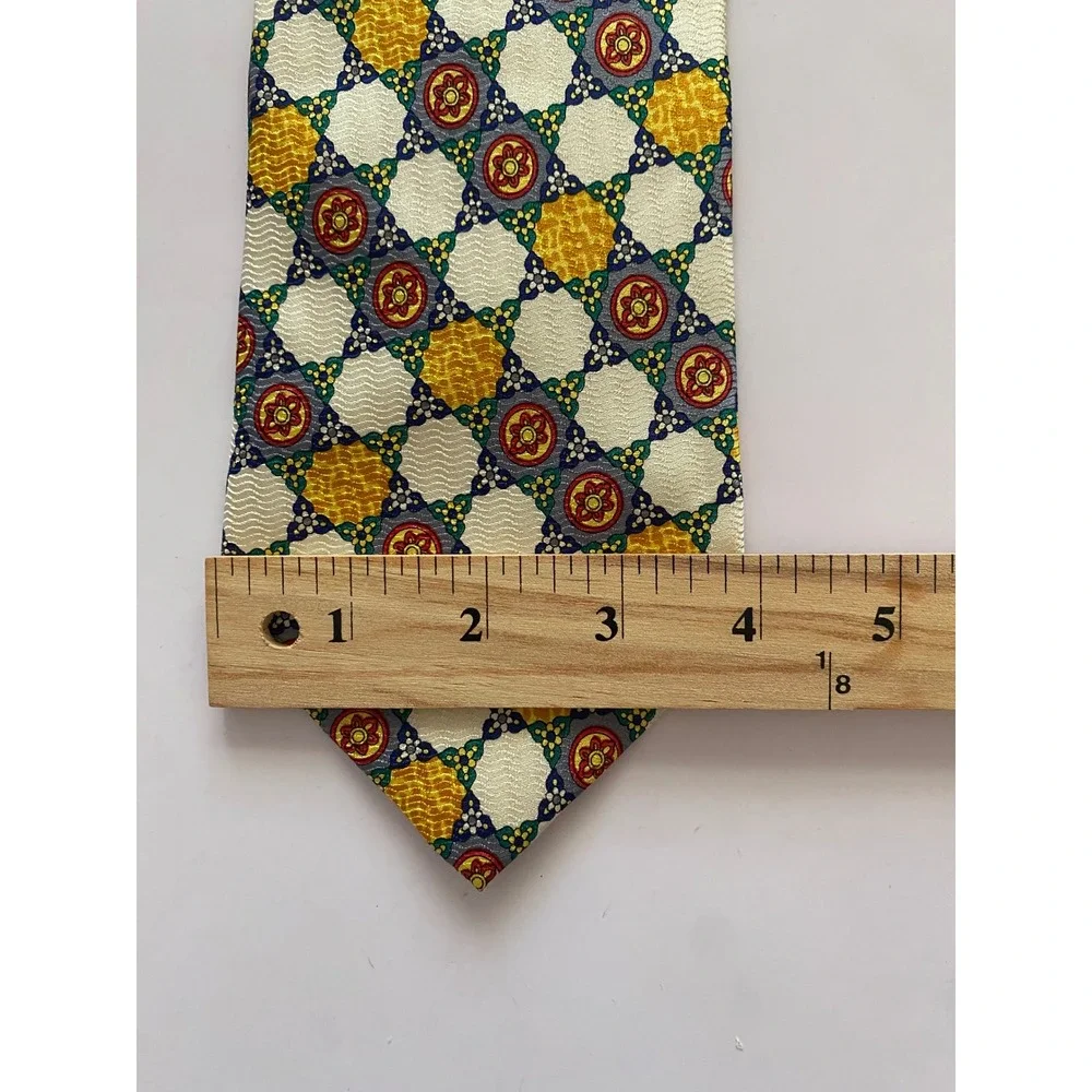Shenshi Mens 100% Silk Tie Yellow Blue Red Geometric Medallion Woven Pattern